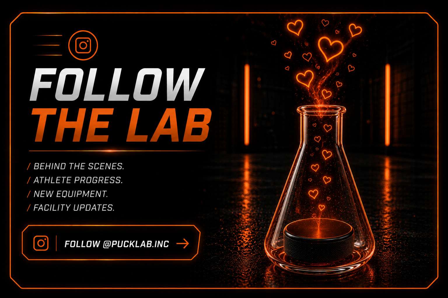 Graphic promoting following the lab's Instagram account, featuring a glowing laboratory flask with floating heart shapes emitting from it, and text emphasizing behind the scenes, athlete progress, new equipment, and facility updates.