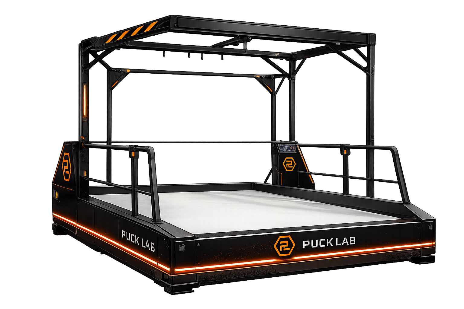 A futuristic robotic hockey training machine called PUCK LAB with a netted enclosure and black and orange design elements, set against a dark background with blue and purple lights.