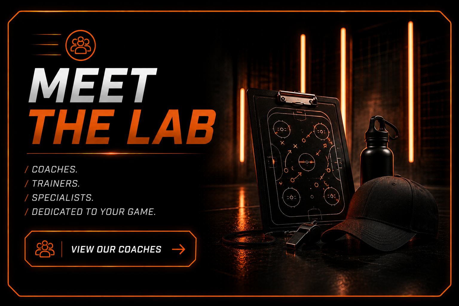 An advertisement for a sports training facility featuring a hockey strategy board, a black water bottle, a black cap, and a basketball game plan on a clipboard, with glowing orange neon accents and a dark background.