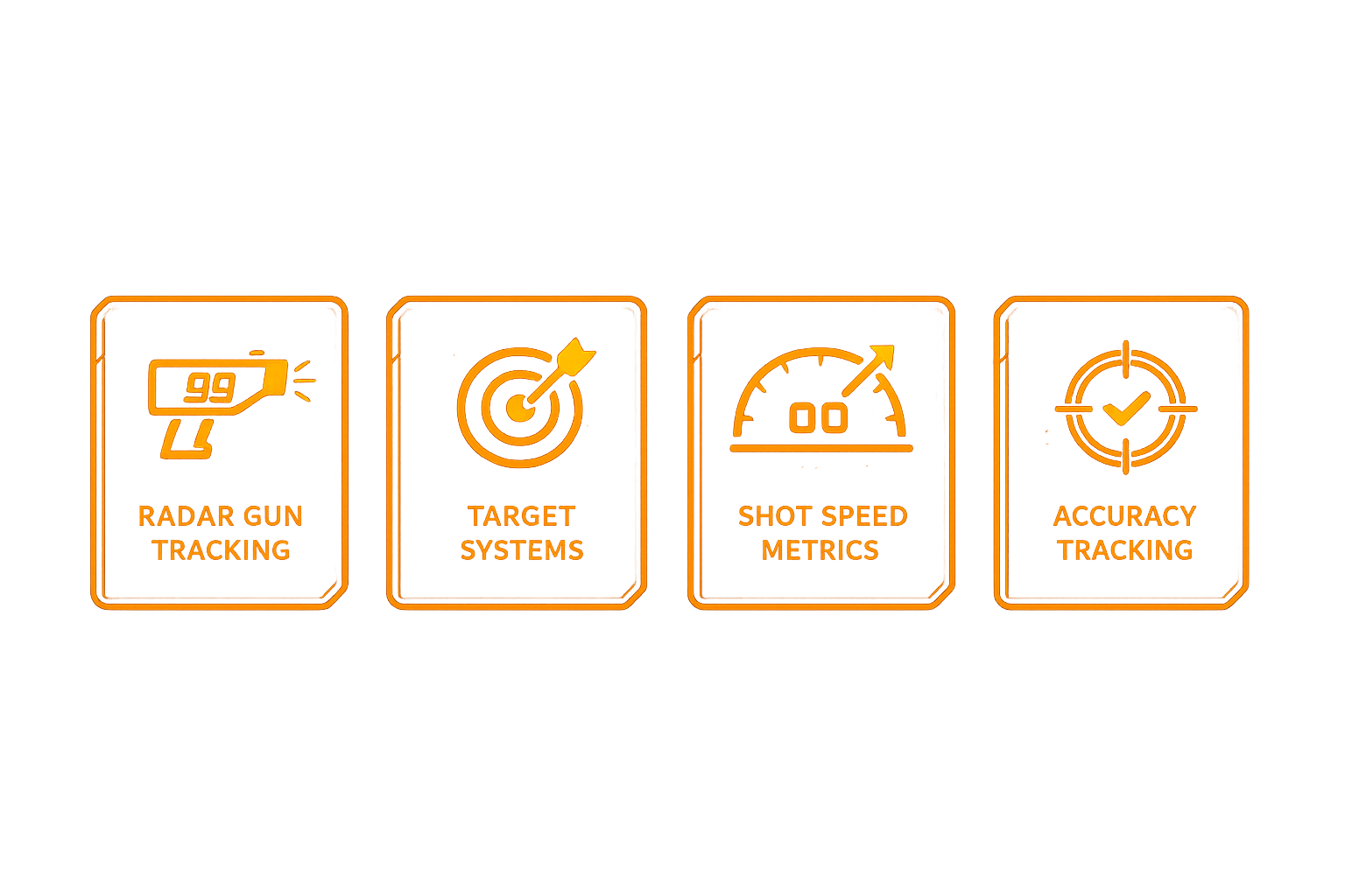 Neon orange icons representing radar gun tracking, target systems, shot speed metrics, and accuracy tracking.