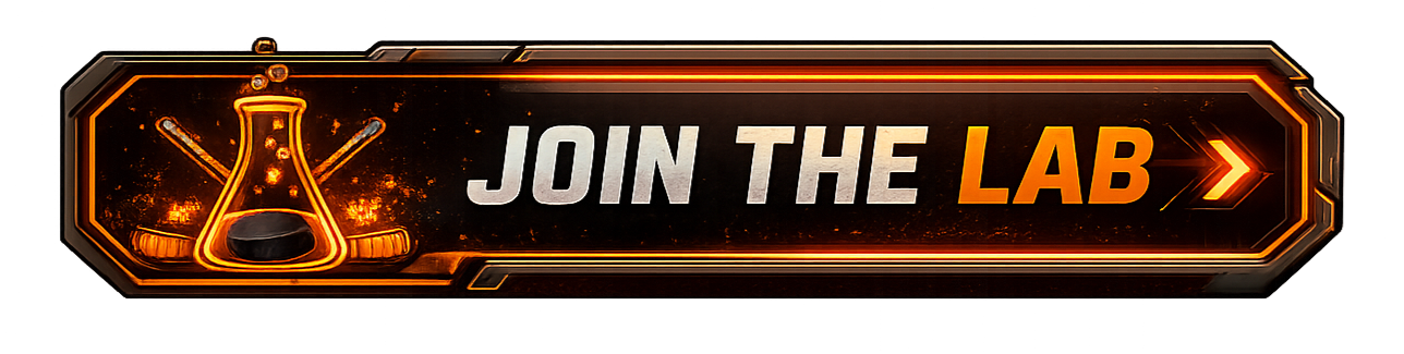 Futuristic digital banner with neon orange accents, a laboratory flask icon, and the text 'Join the Lab' with an arrow pointing right.
