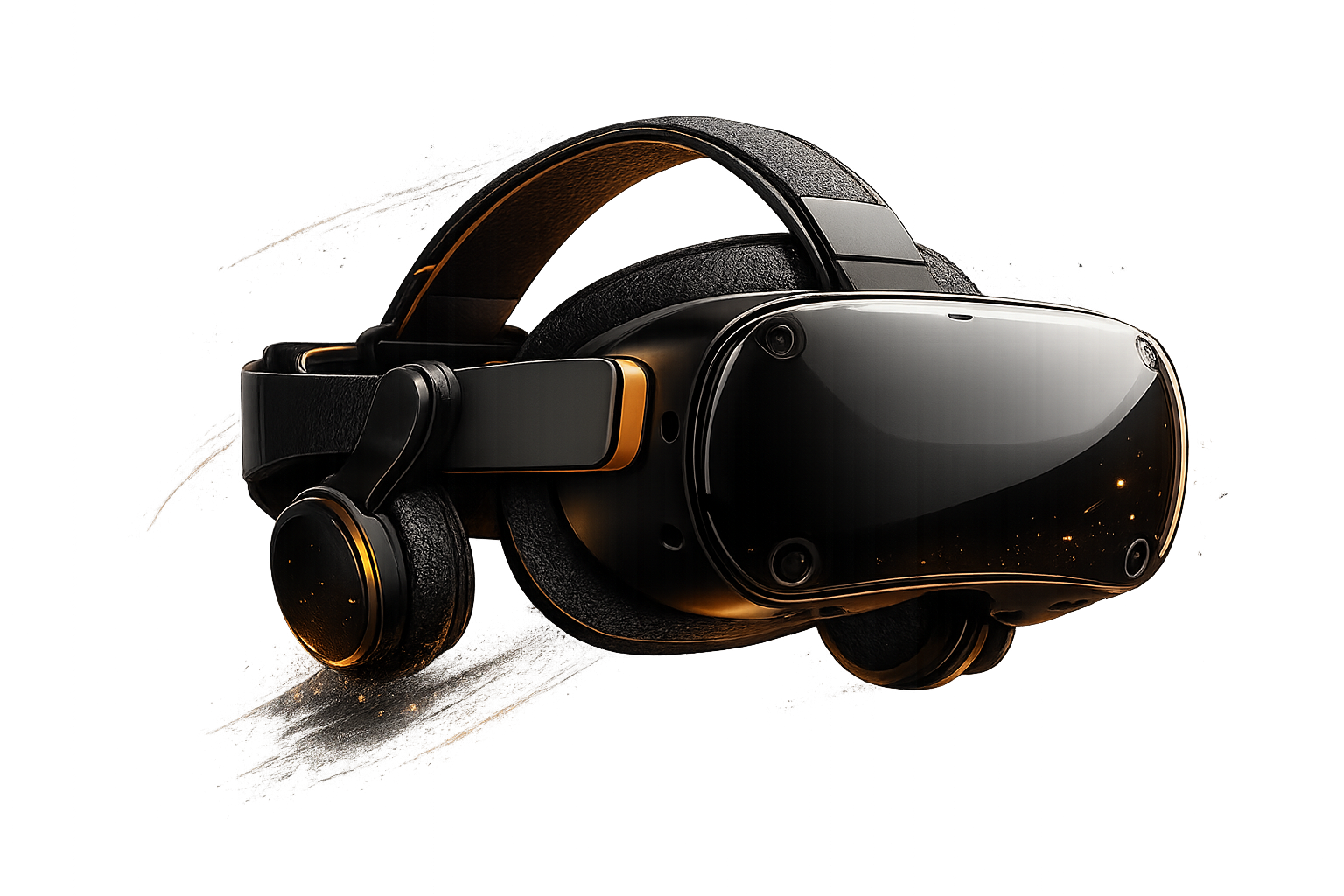 A black virtual reality headset with gold accents, featuring a sleek design and adjustable head straps, shown against a dark, futuristic background.