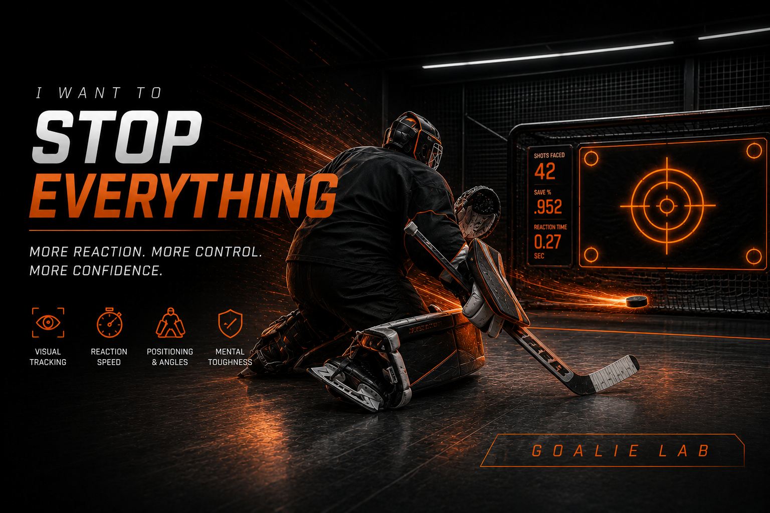 Hockey goalie kneeling on ice in front of a digital target display with stats on shots faced, save percentage, and reaction time, emphasizing reaction and control training with a dark background and orange highlights.