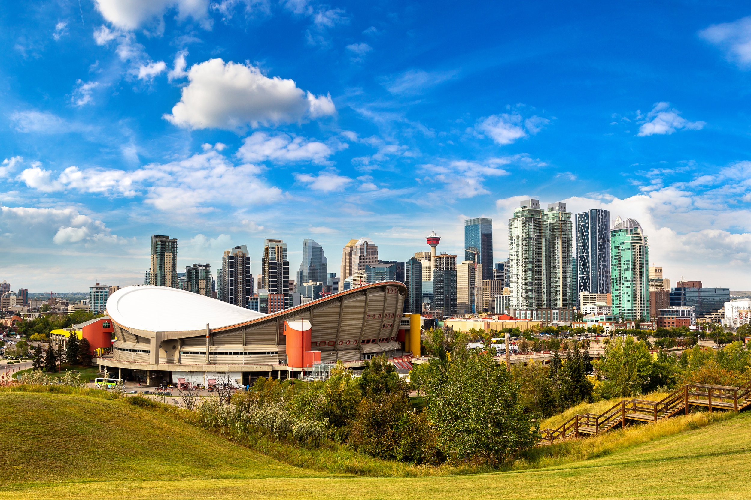 Downtown Calgary with Saddledome in the foreground