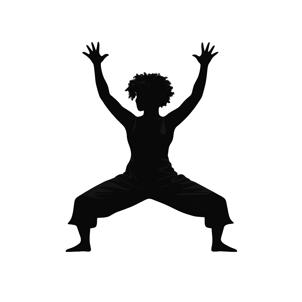 Silhouette of a person in a wide-legged stance with arms raised above their head, outdoors with a city skyline in the background.