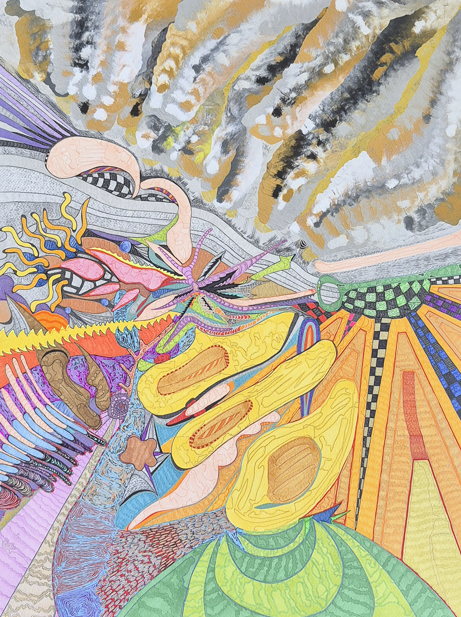 Ael Golden Hour (Destiny), 2025 — hand-drawn abstract artwork with detailed coloured linework, yellow organic forms, a green circular structure, orange geometric rays, and textured black, white, and gold areas.