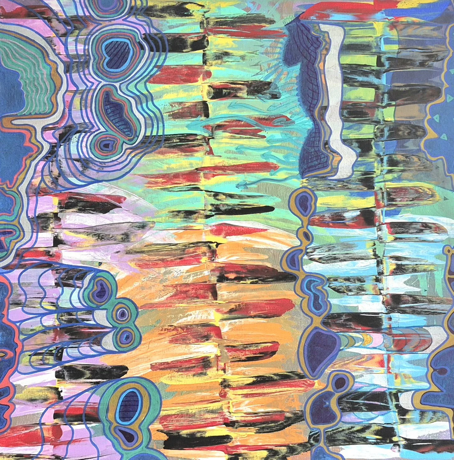 Lyrae Energy, 2021 — hand-drawn abstract artwork with horizontal bands of turquoise, yellow, red, black, and orange, overlaid with layered blue, green, and purple organic outlined forms.