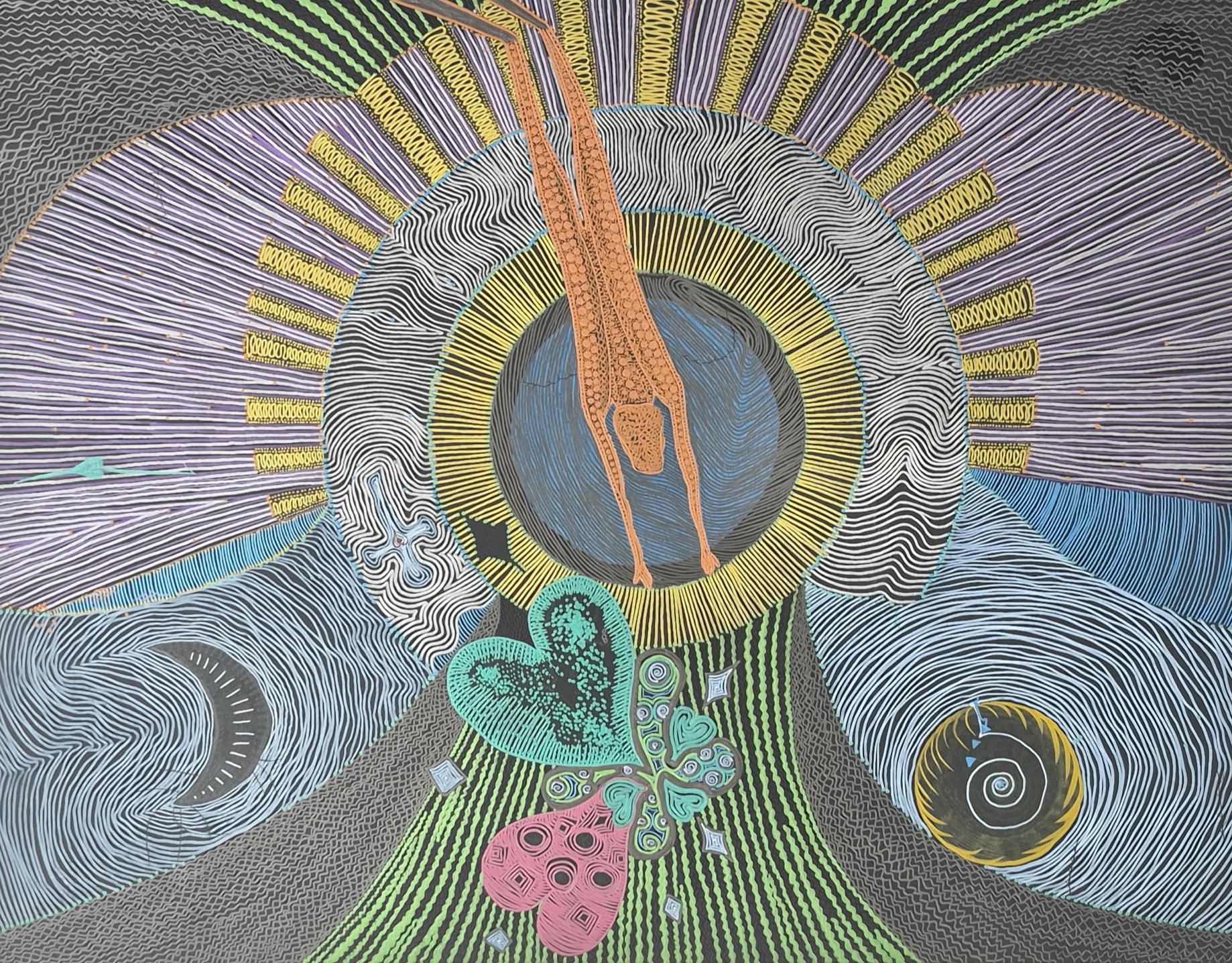 Jump Pulse, 2023 — hand-drawn abstract artwork with a central circular form, an orange elongated figure, radiating purple and yellow lines, flowing black-and-white patterns, and green, pink, and turquoise organic shapes.
