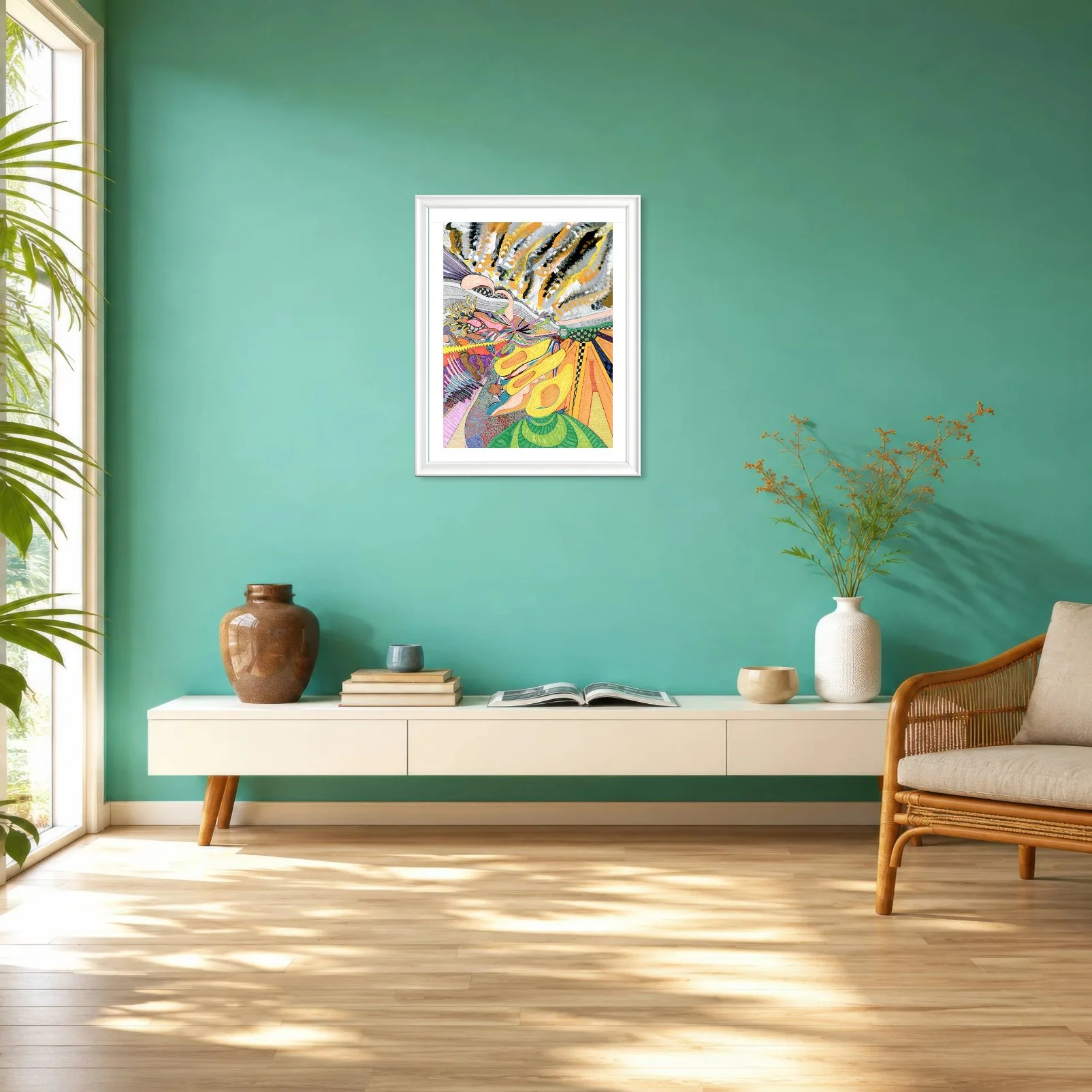 wall-preview-sunlit-tropical-living-room-with-an-empty-turquoise-wall,-white-console,-and-rattan-lounge-chair-18x24in.jpg