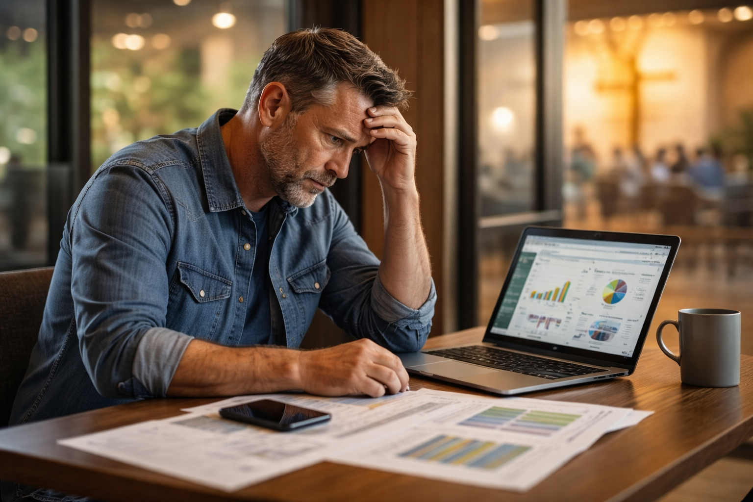 Pastor sitting at his desk looking dejected while viewing financial reports