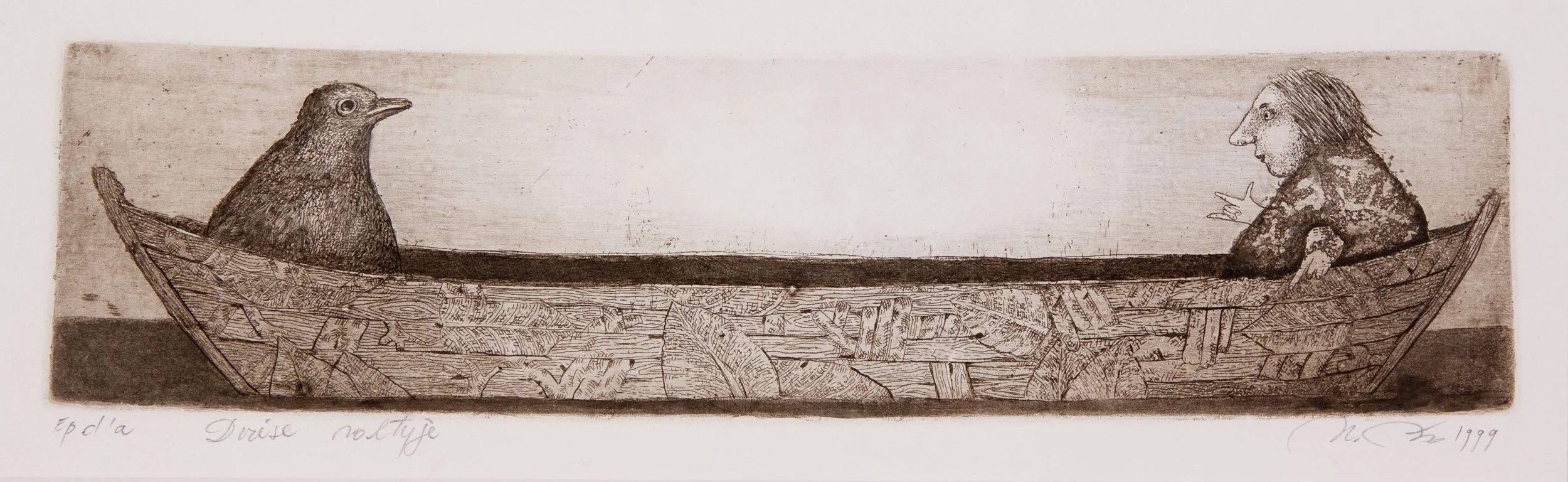 Nijole Saltenyte etching art name "the two of is in the boat"