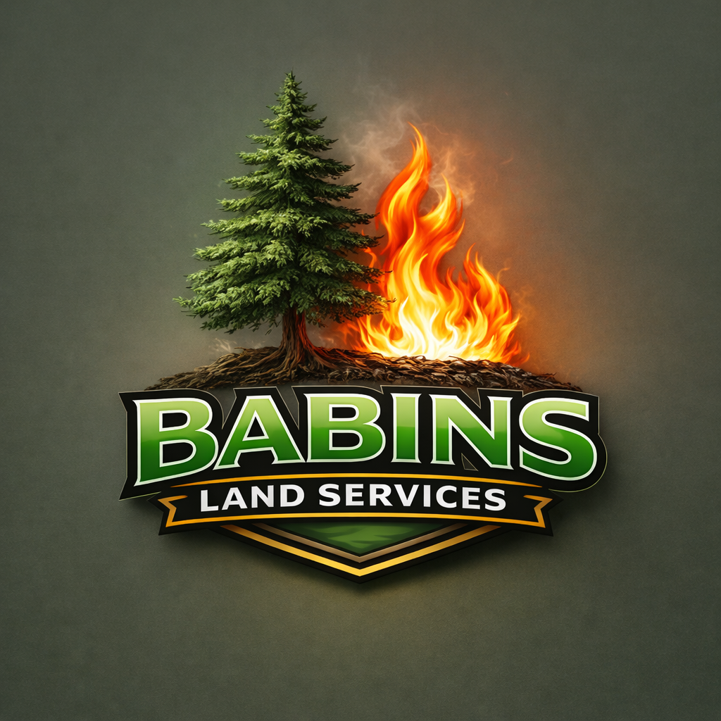 Logo for Babins Land Services featuring a green tree and a fire behind it, with the company name in bold green and white text.