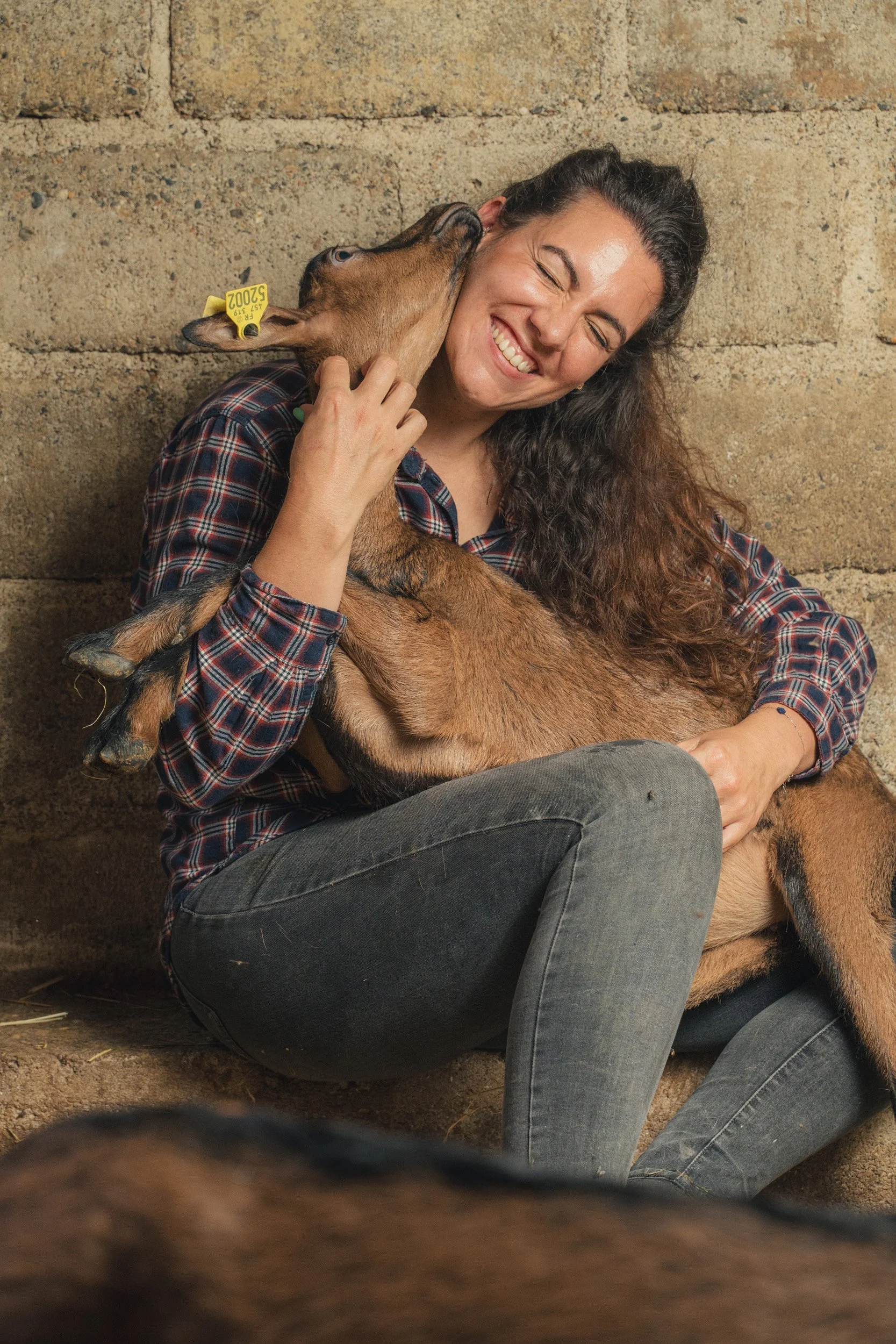 A woman with long curly hair smiling happily while holding a young goat, which is licking her face, against a rustic brick wall.