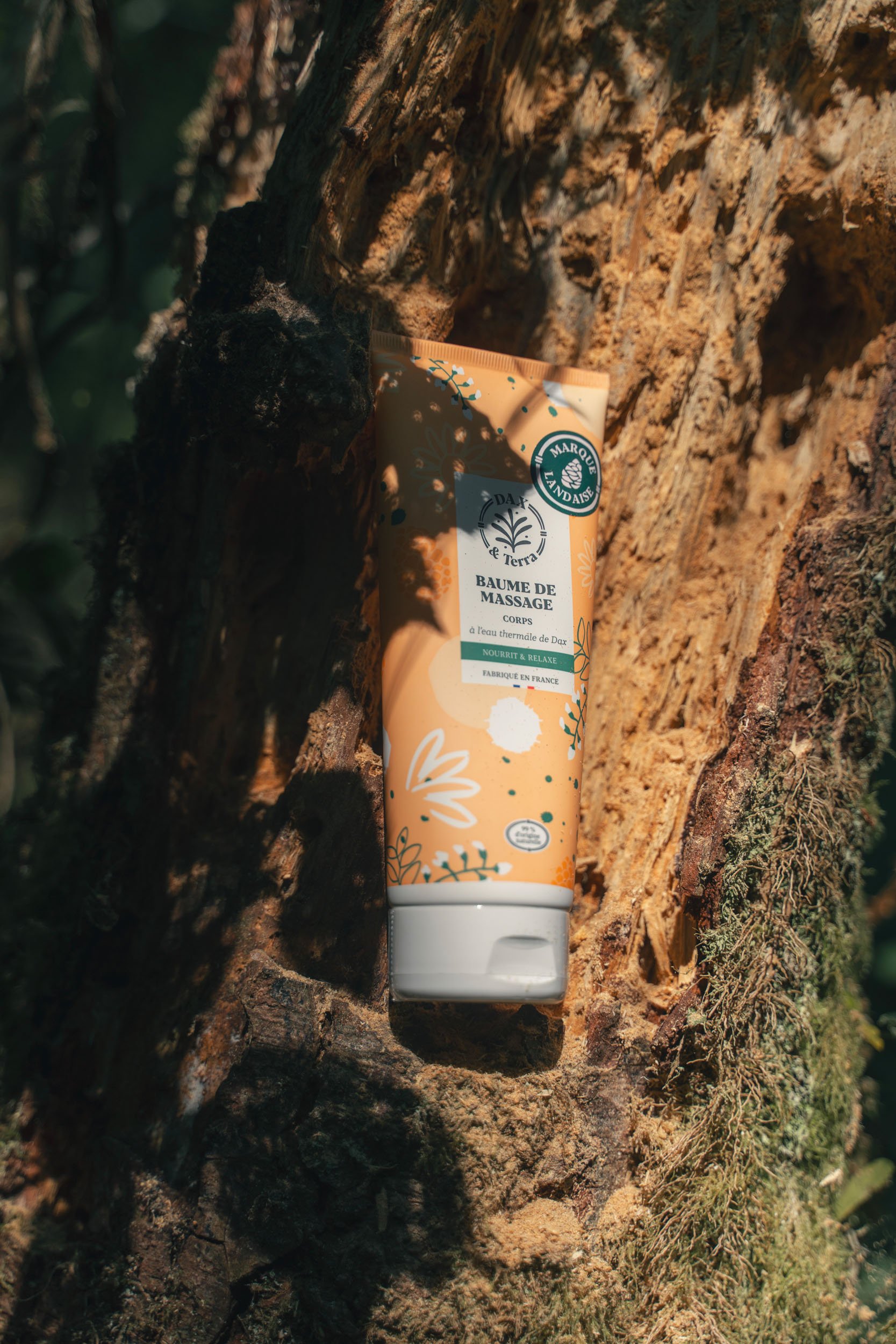 A tube of massage balm leaning against a bark on a tree trunk outdoors with sunlight and shadows.