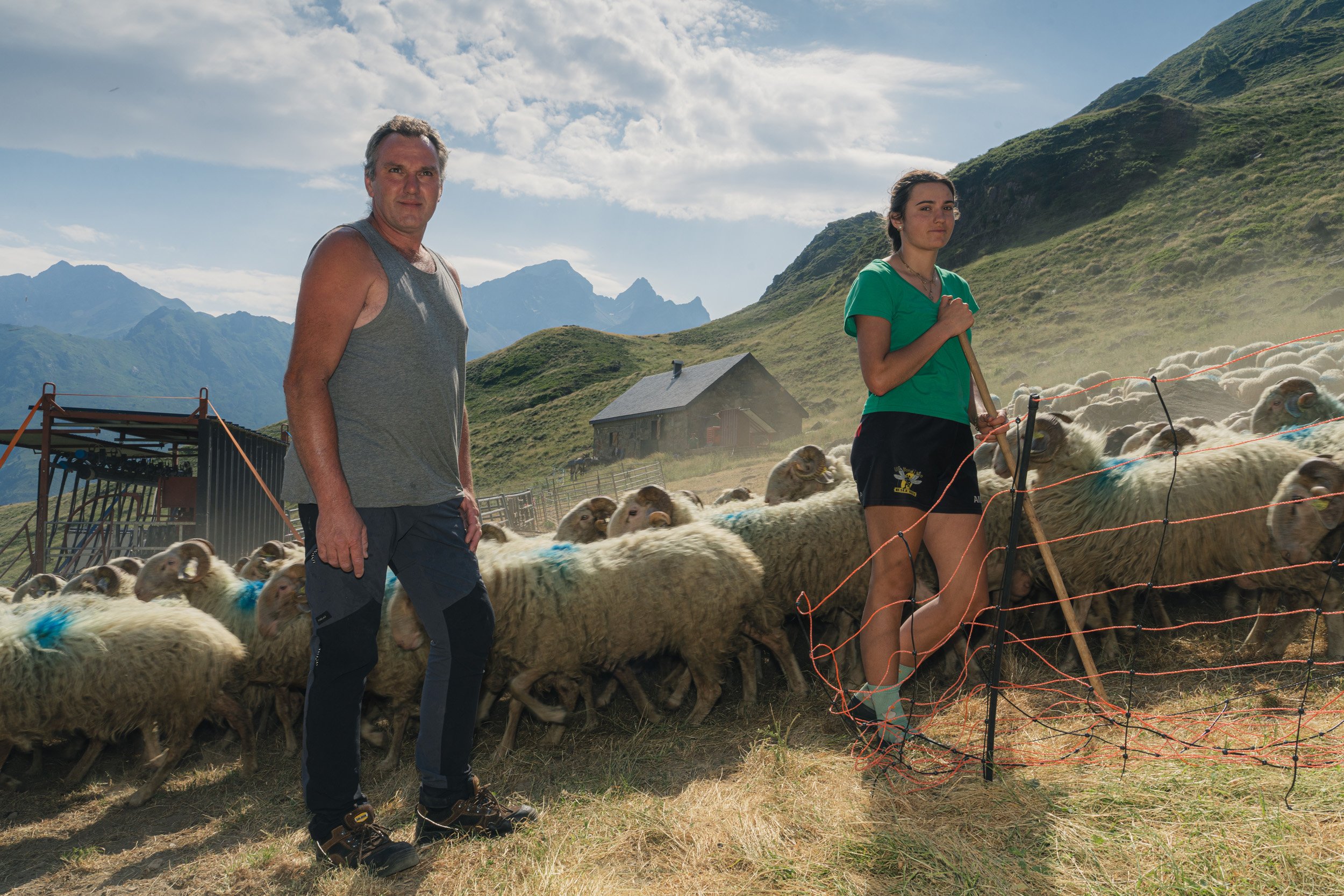 Two people, a man and a woman, stand near a flock of sheep on a hillside with mountains in the background. The man is wearing a sleeveless shirt and dark pants, while the woman is in a green shirt and black shorts, holding a wooden staff.