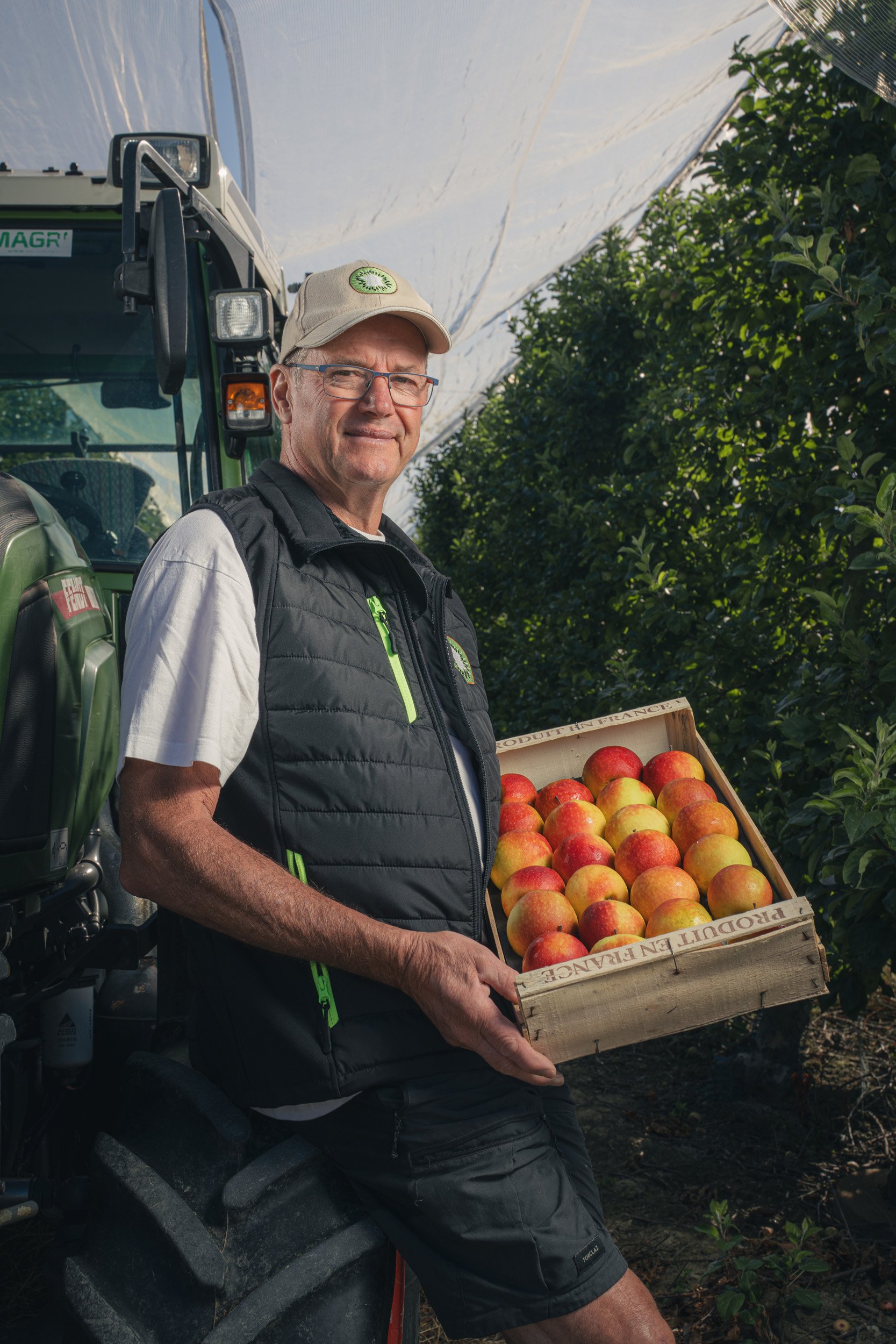 A man holding a crate of fresh apples in an orchard with green trees, standing next to a tractor under a protective cover.