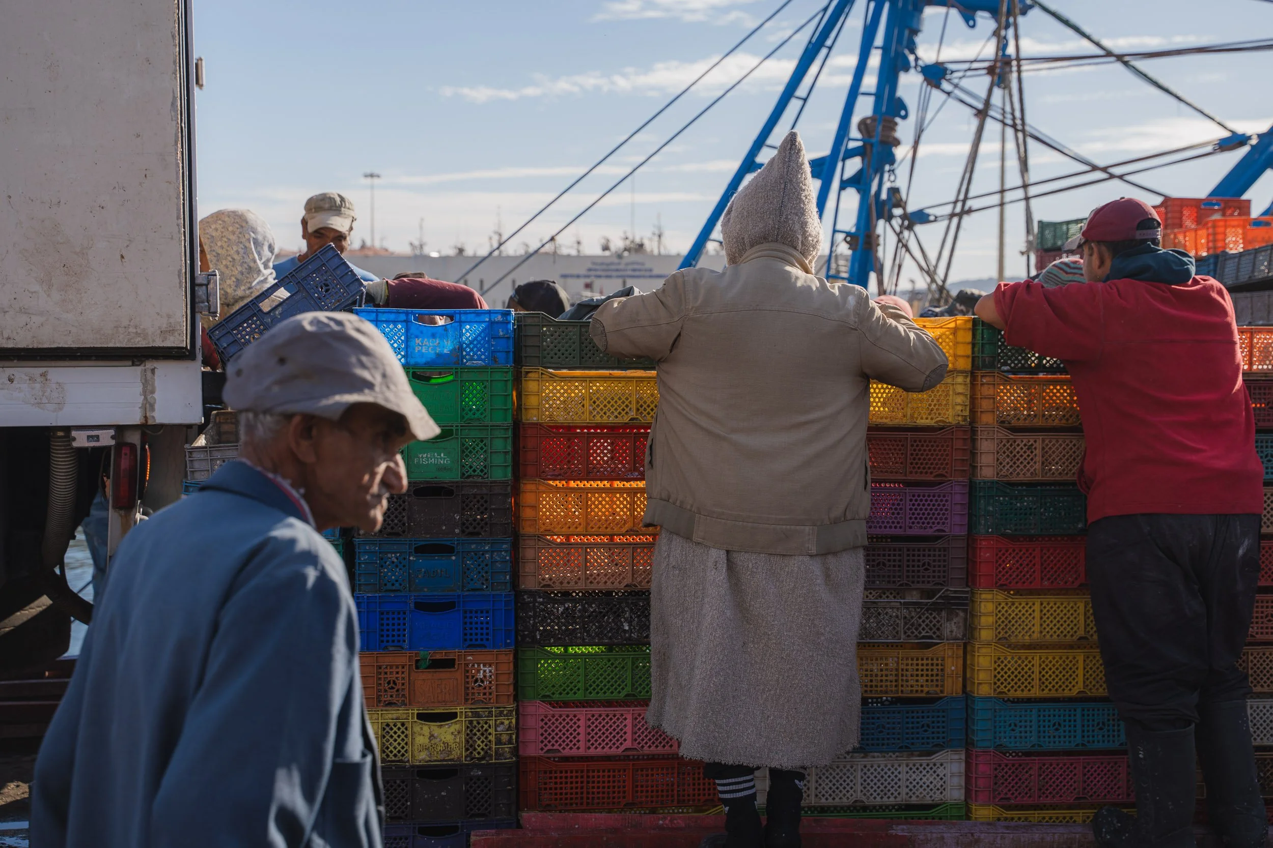 People working at a fish market, stacking colorful crates of seafood on a dock with boats and blue sky in the background.