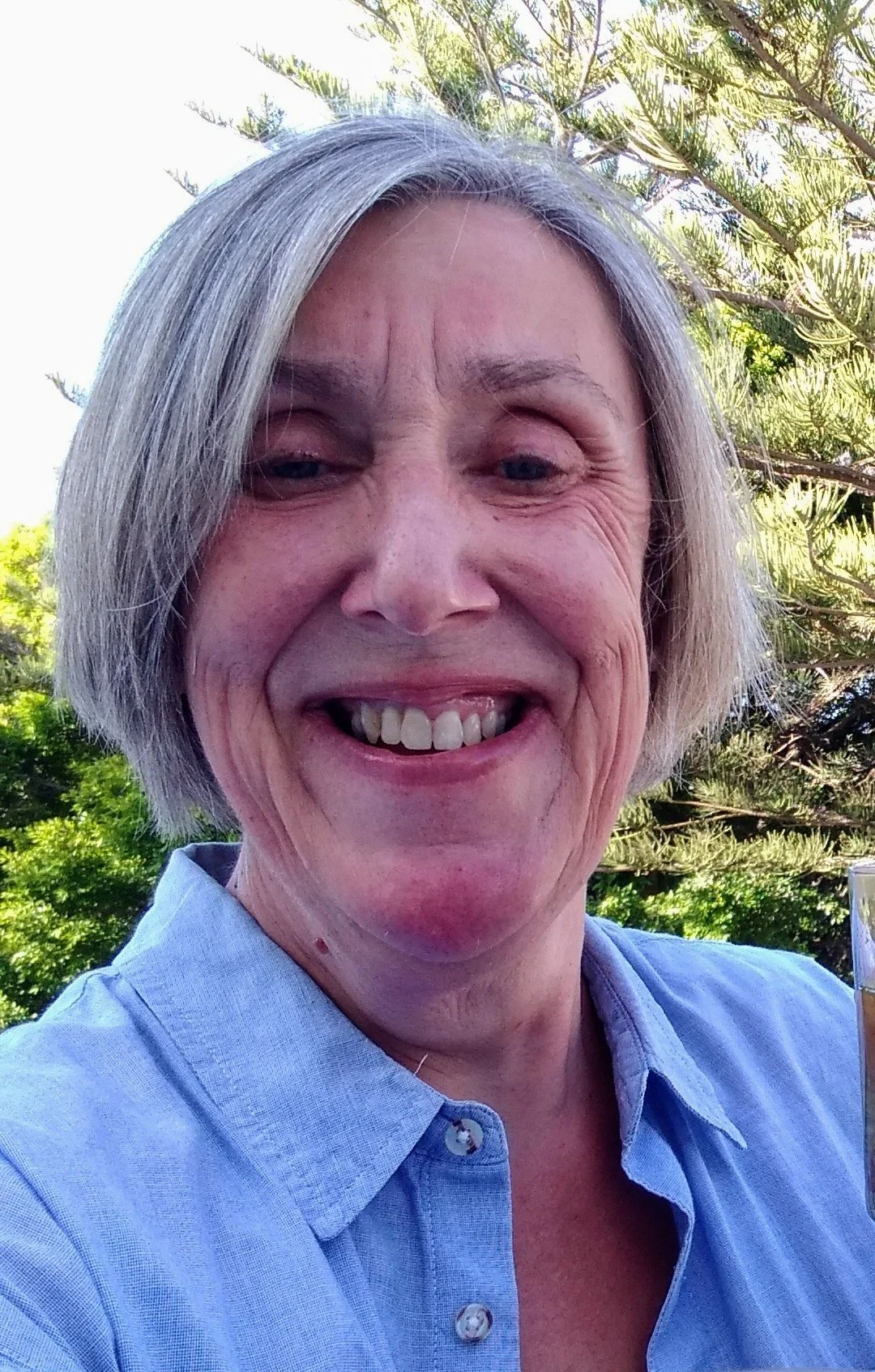 A smiling fair skinned woman with short, gray hair, wearing a light blue button-up shirt, standing outdoors with green trees and sunlight in the background.