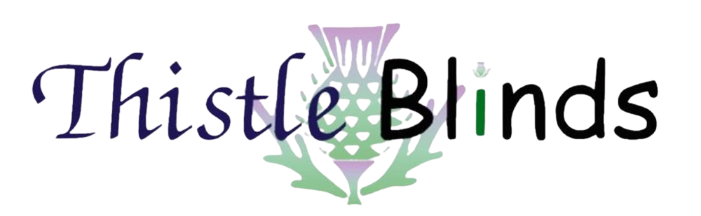 Logo for Thistle Blinds featuring text with a thistle flower