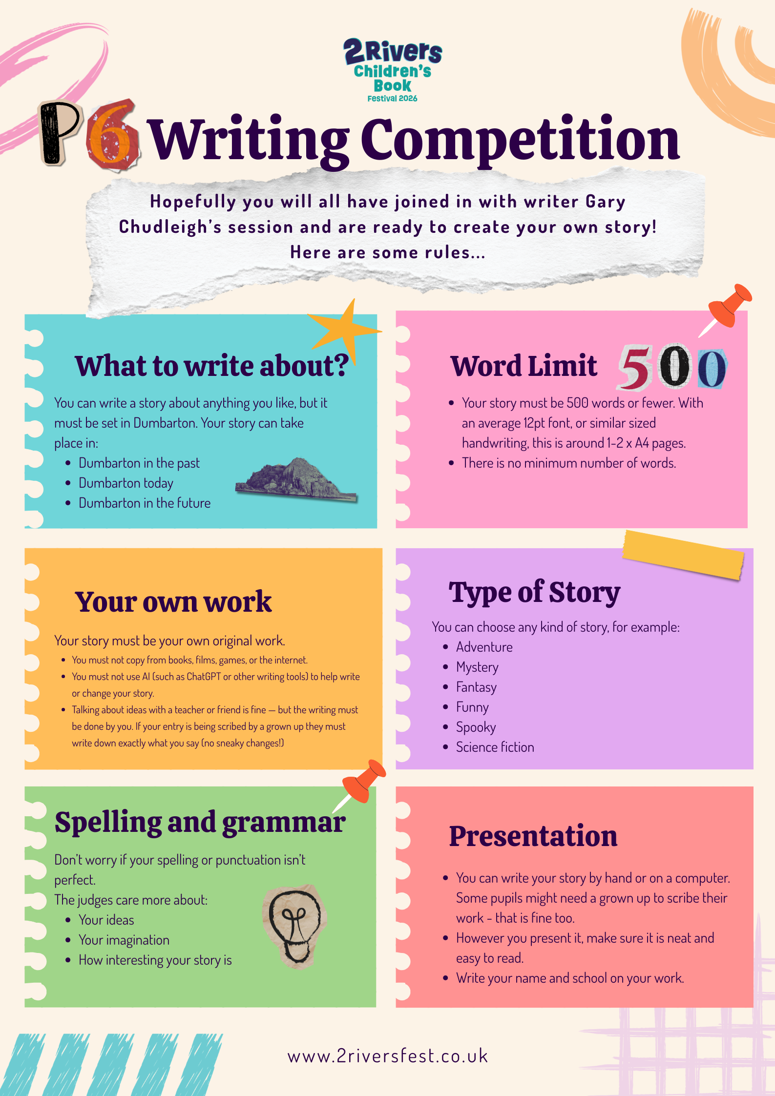 Colorful infographic outlining rules for a children’s writing competition, including sections on what to write about, word limit, original work, spelling and grammar, story type, presentation, and more.