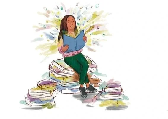 Illustration of a girl sitting on a stack of books, reading a book with colorful flying pages and stars around her.