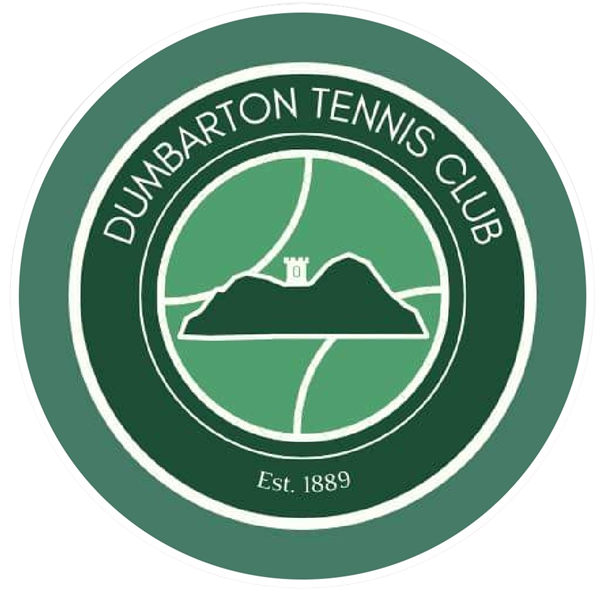 Green and white logo of Dumbraton Tennis Club showing a mountain, a tennis ball, a tennis net, and a small building, with the text 'Dumbraton Tennis Club' and 'Est. 1889'.