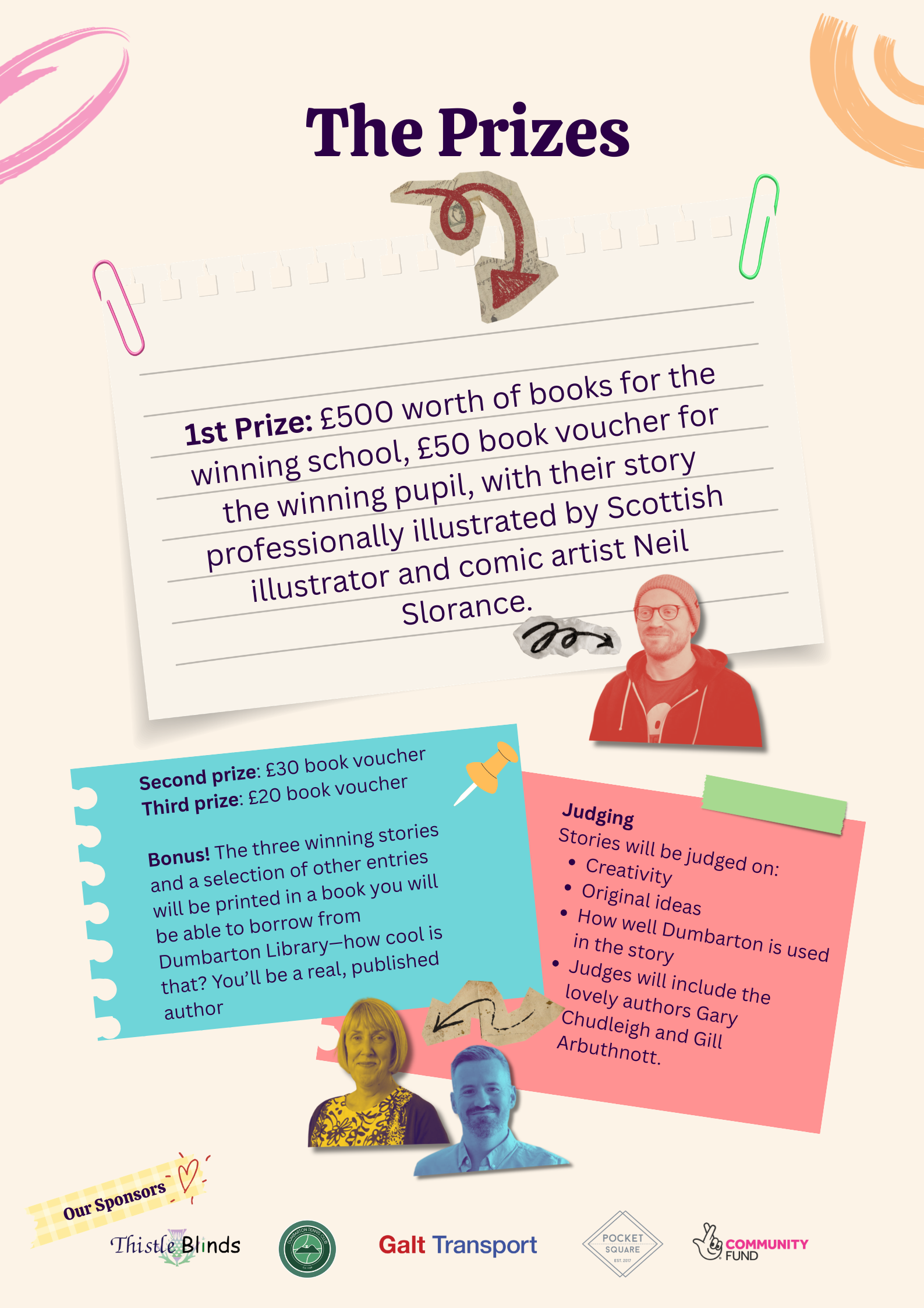 A colorful flyer showcases prizes for a storytelling competition, with details about cash awards, book vouchers, and judging criteria. The flyer features photos of judges, various colored notes, and sponsor logos at the bottom.