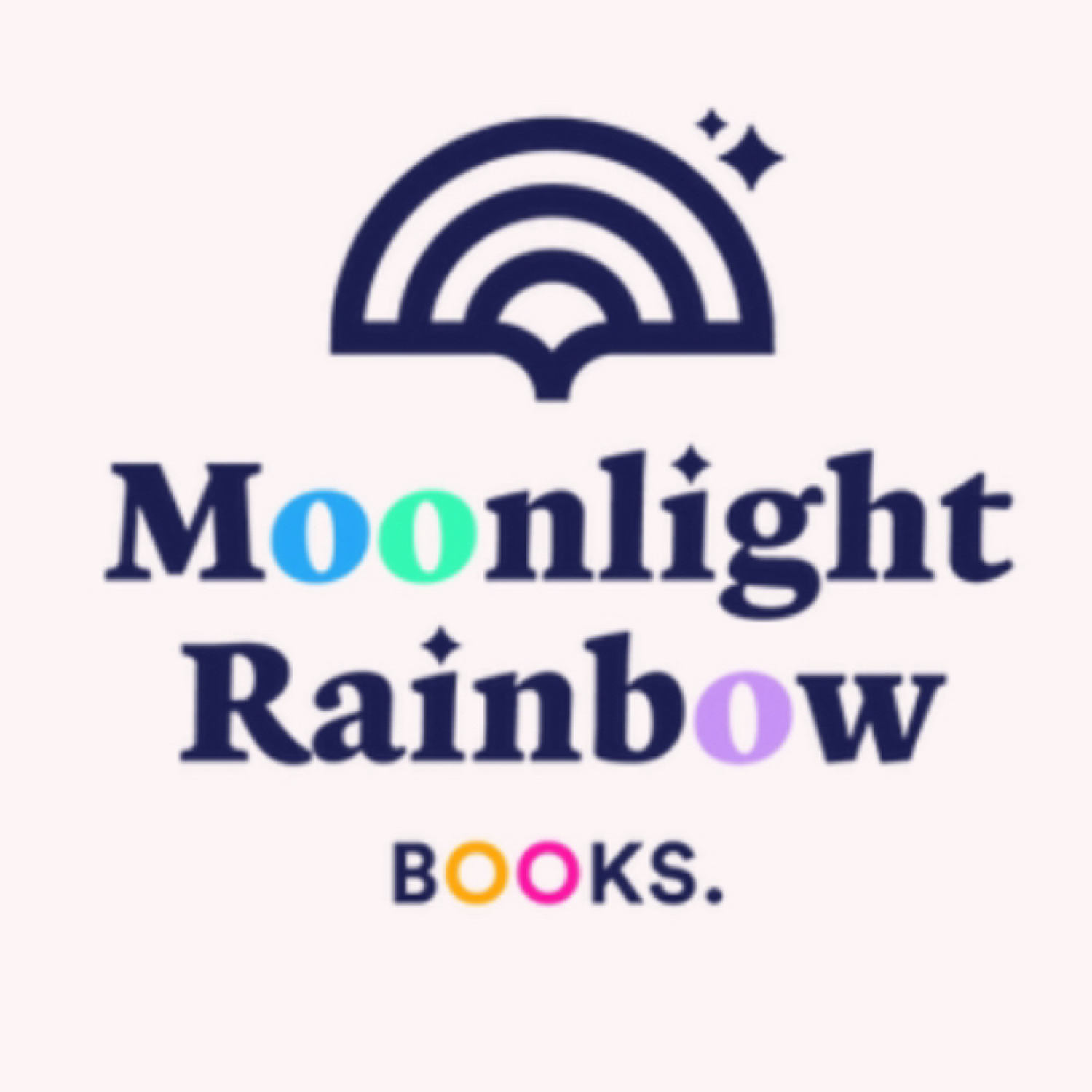 Colorful text that reads "Moonlight Rainbow Books" with a rainbow illustration and star accents.