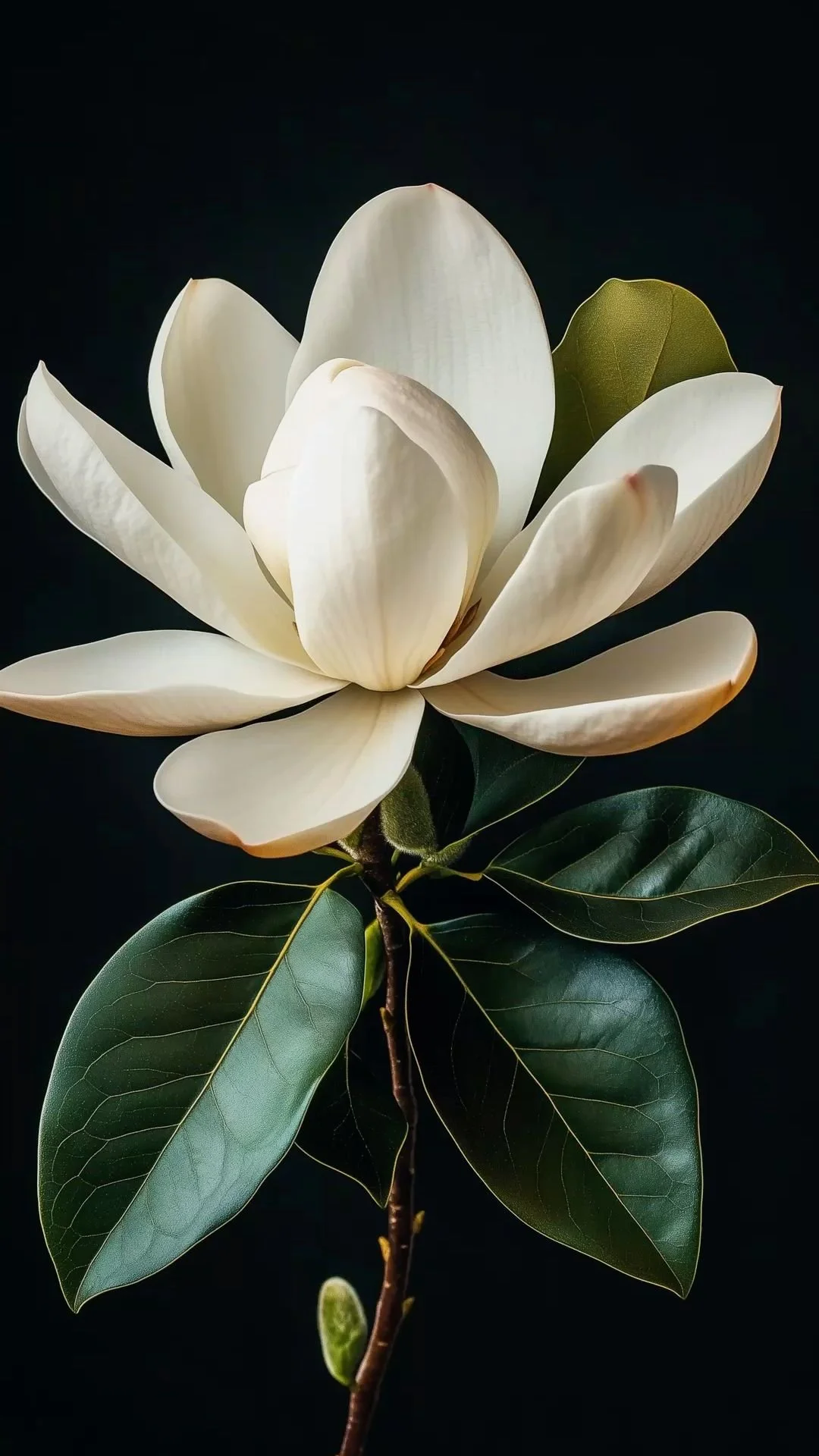 White magnolia flower with green leaves against a black background.