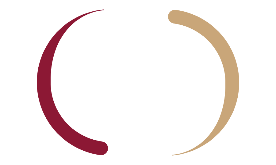 Das Bild zeigt ein Logo mit einem stilisierten Wein- oder Sektglas in der Mitte, umgeben von zwei Bogen, die einer kreisförmigen Weinglasform ähneln, in Rot- und Beigetönen.