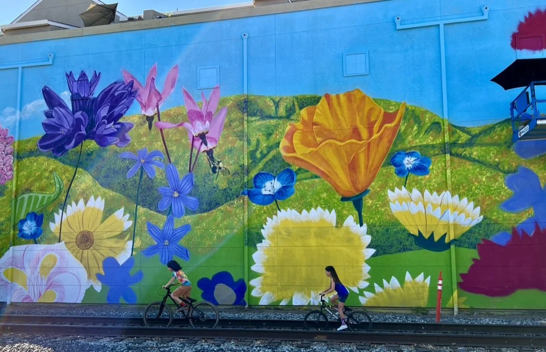 Children riding bikes in front of a vibrant mural of large colorful flowers and green hills.