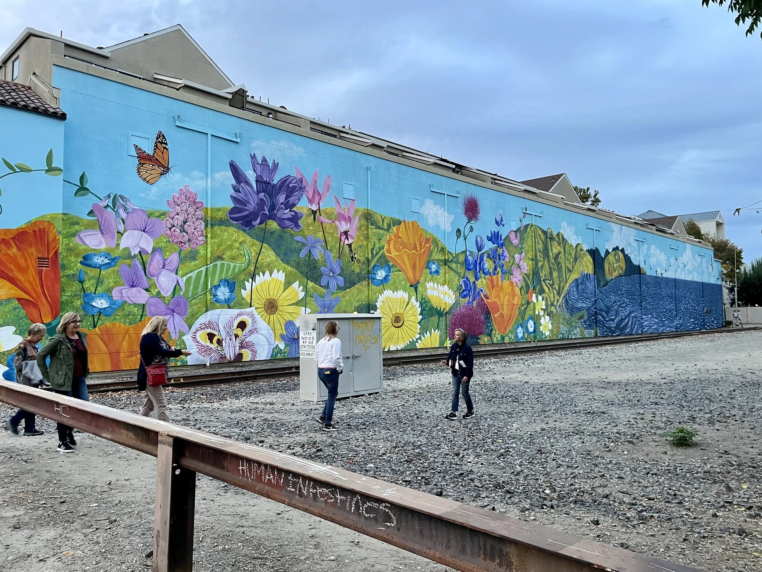 Colorful mural of flowers, butterflies, and nature scene on a building wall, with people walking nearby.