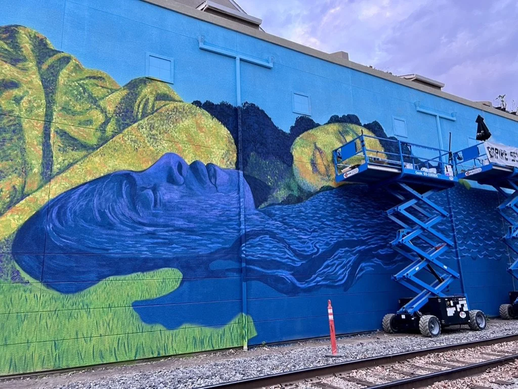 A mural of a woman's face in profile with flowing hair, painted on a building wall. There is a blue scissor lift nearby, and railway tracks in the foreground.