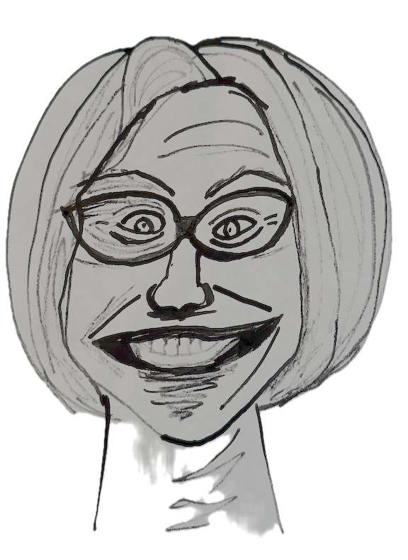 Line drawing of a woman with glasses, smiling, with shoulder-length hair.