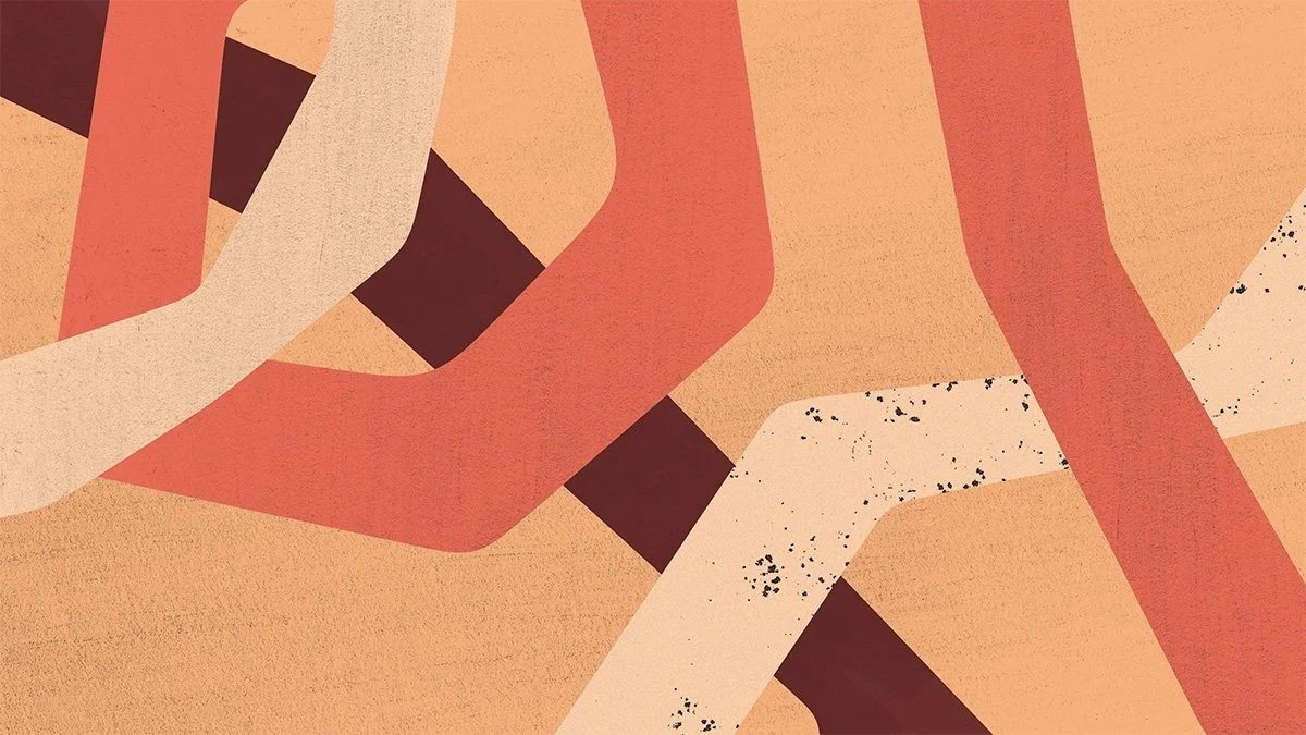 Abstract illustration of overlapping hands in shades of beige, pink, and brown.