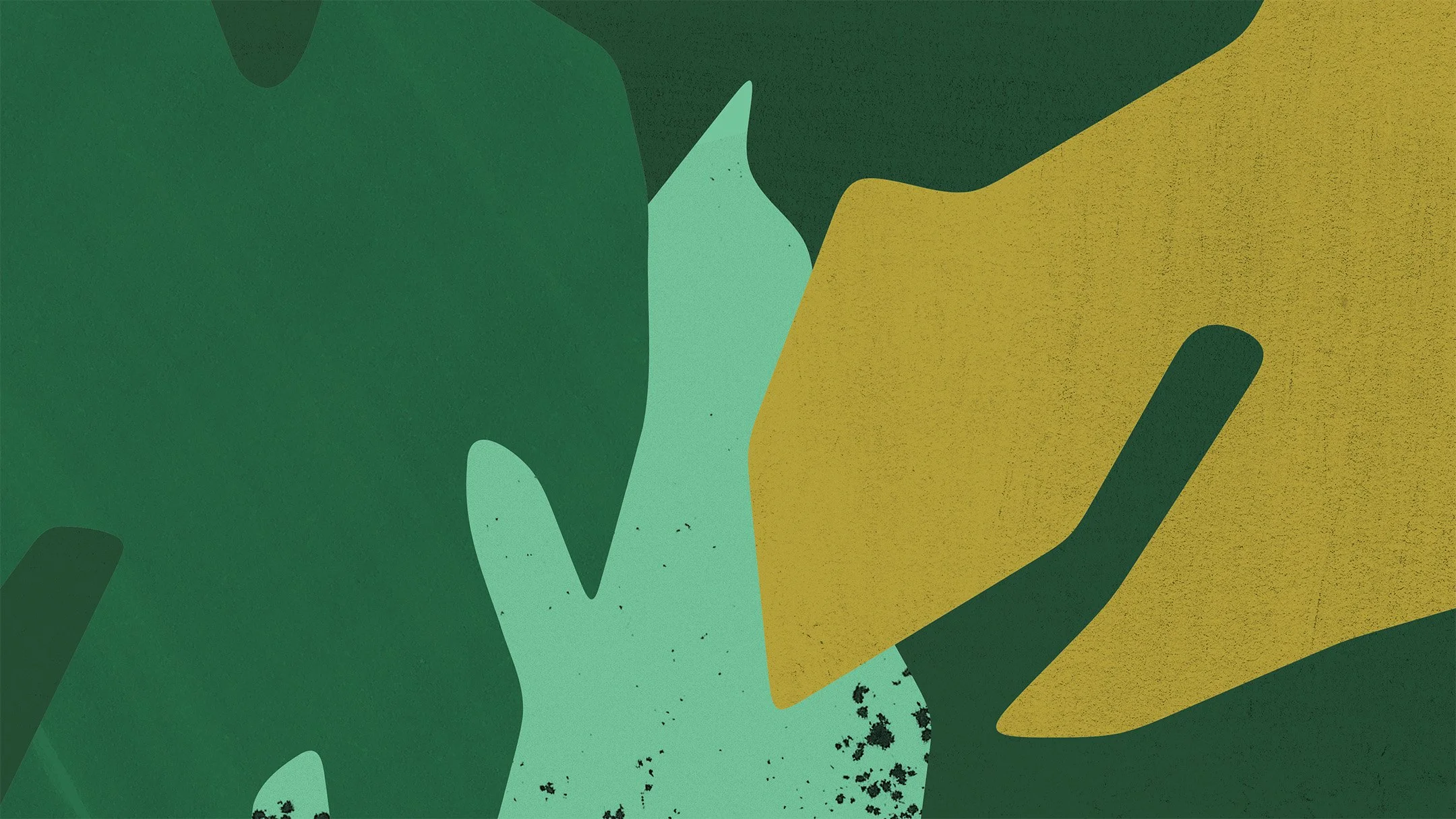 Abstract artwork with overlapping shapes and colors, including green, yellow, and light teal, with textured and speckled elements.