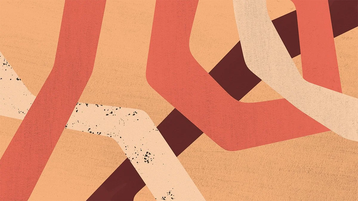An abstract illustration of intertwined, multicolored strips in shades of peach, pink, beige, black, and brown.