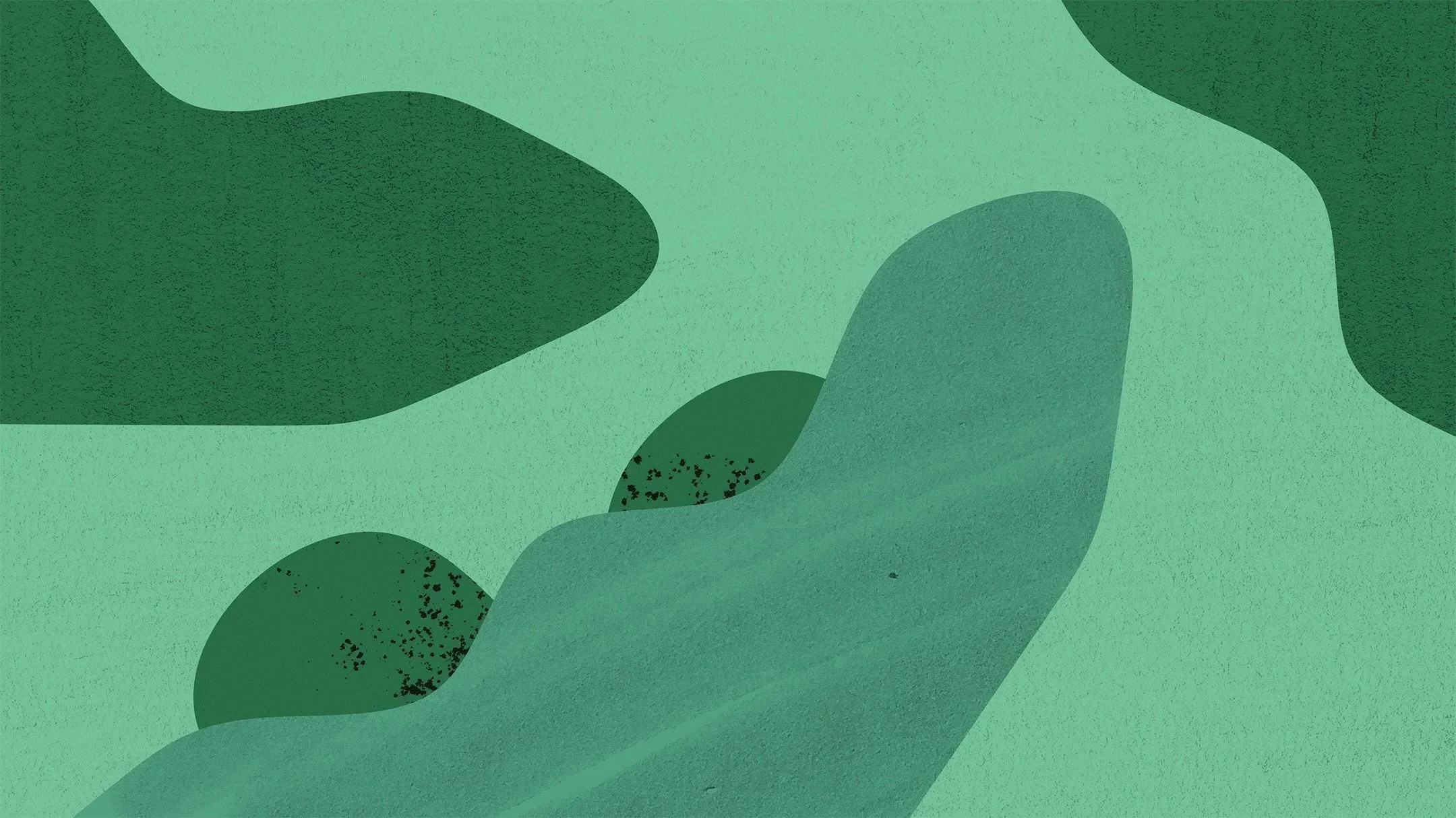 Abstract green shape design with a large hand-like shape and two smaller circular shapes, all in various shades of green with textured and speckled details.