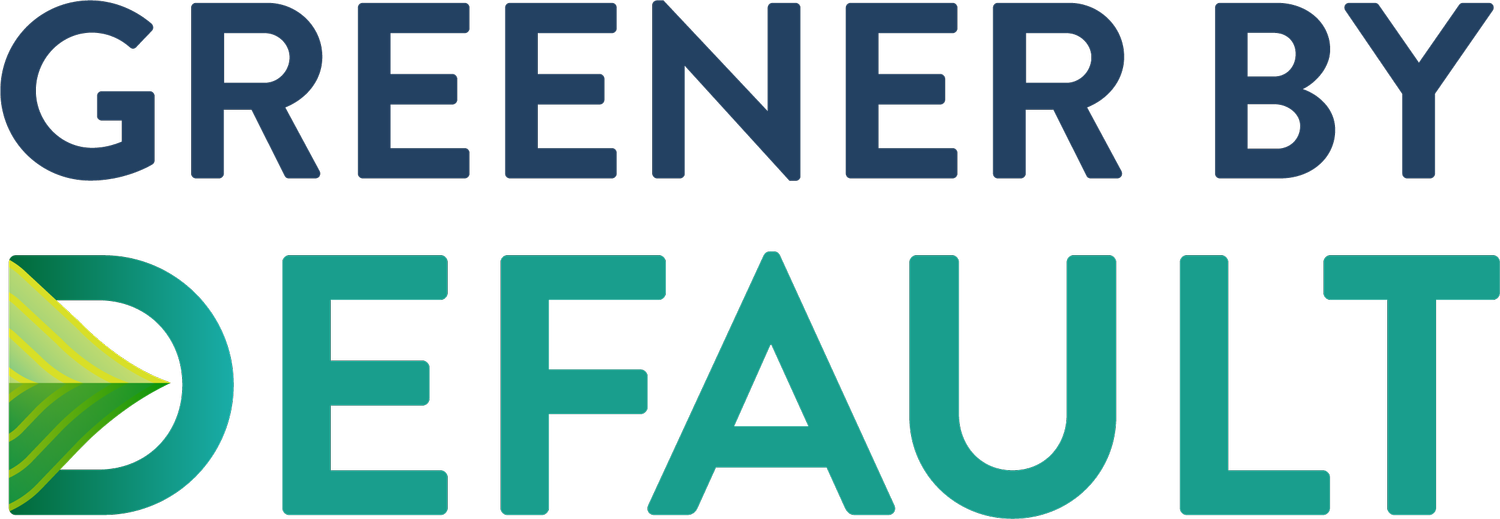 Logo with the words "GREENERY BY" in large blue letters and "DEFAULT" in large teal letters, featuring a stylized leaf design to the left of the text.
