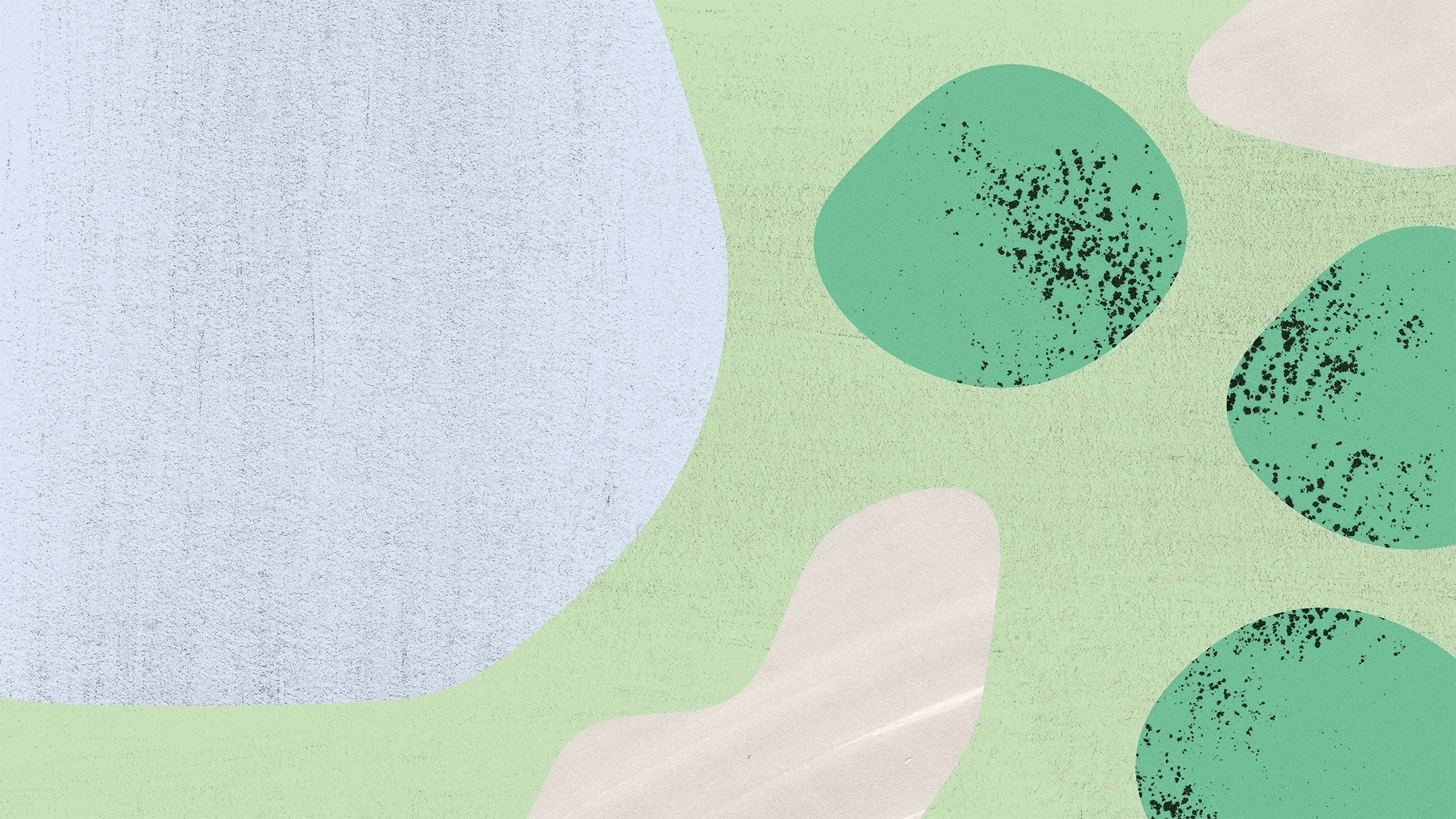 Abstract art with large pastel blue shape, green shapes, and black speckles on green shapes, and beige and pastel green background.