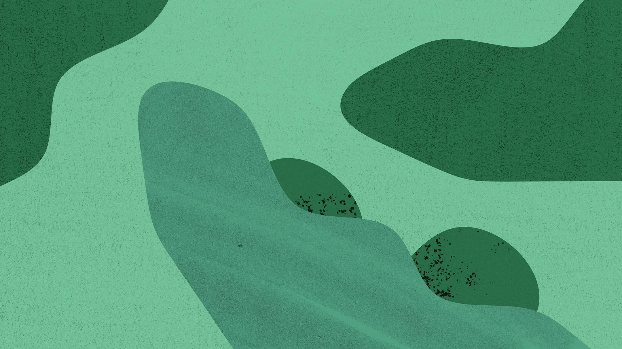 Abstract illustration of green and dark green organic shapes layered over each other.
