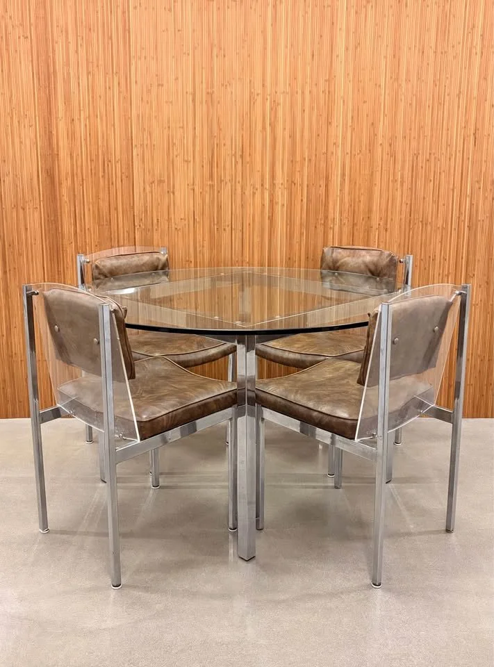 1970's Postmodern Glass Dining Table With Acrylic & Vinyl Chairs (Set Of 4)