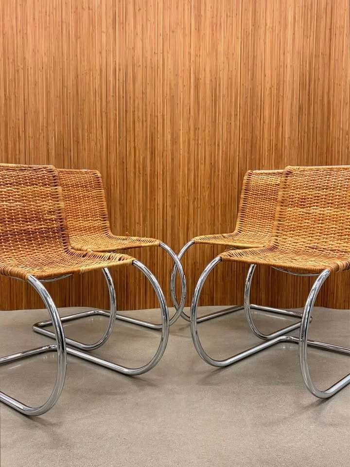 Vintage Mies van der Rohe Rattan Cantilever Chairs (Set of 4)