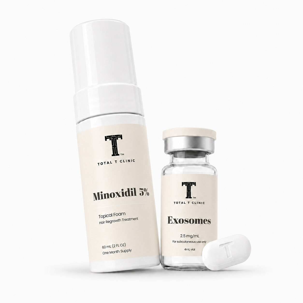 A bottle of topical foam Minoxidil 5%, a small vial labeled 'Exosomes,' and a white pill, on a white background.