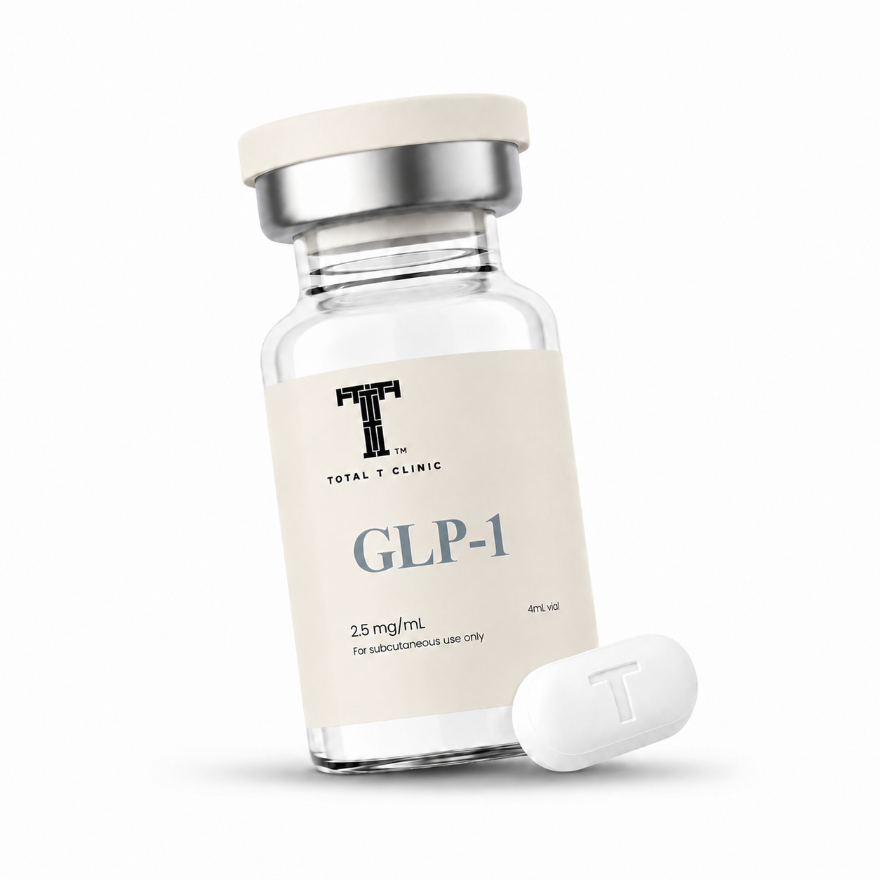 A small glass vial labeled 'GLP-1' with dosage information, alongside a white pill with a 'T' imprint, both on a white background.