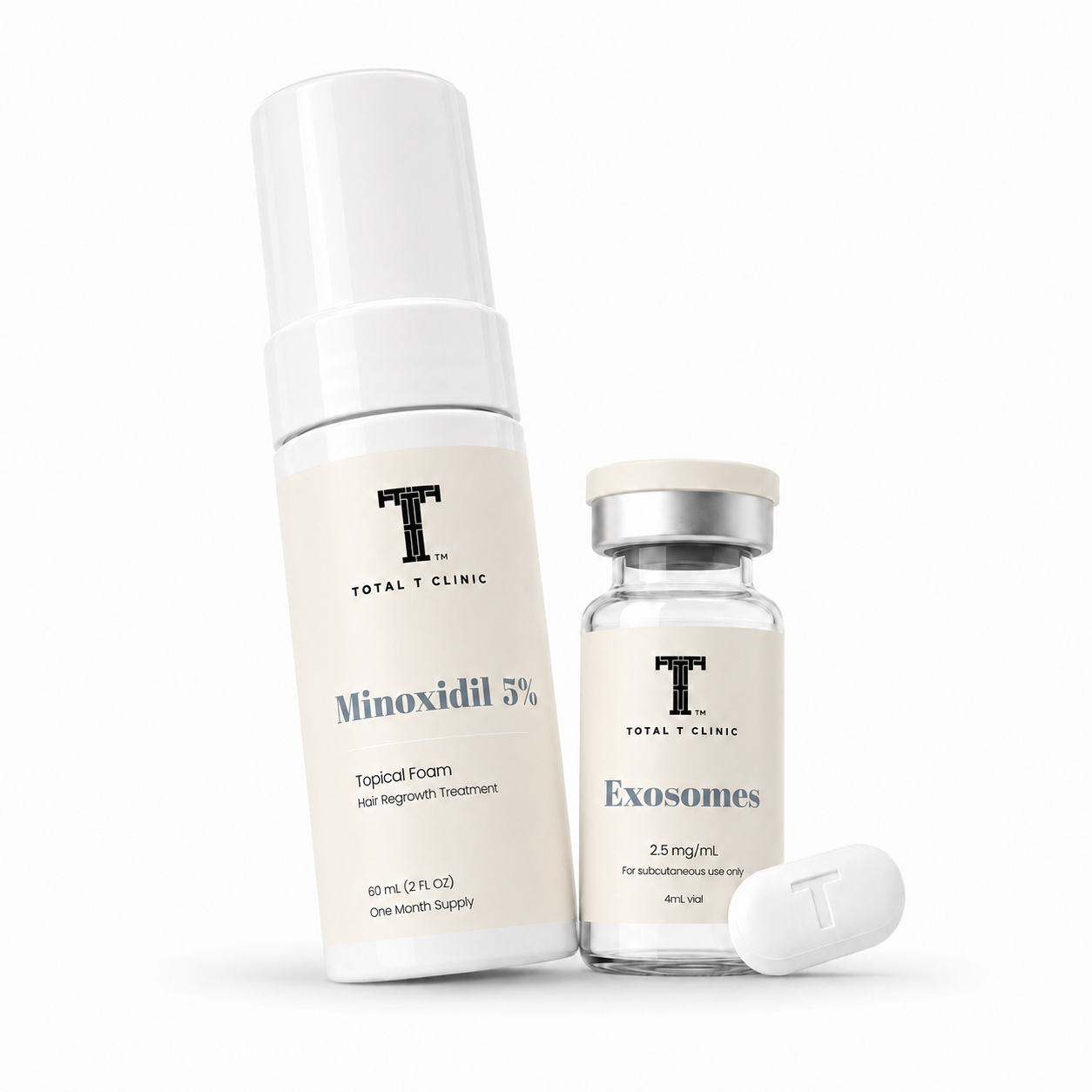 Medical products from Total T Clinic, including Minoxidil 5% foam, a topical treatment for hair regrowth, and Exosomes for subcutaneous use, with a supplement pill in front.