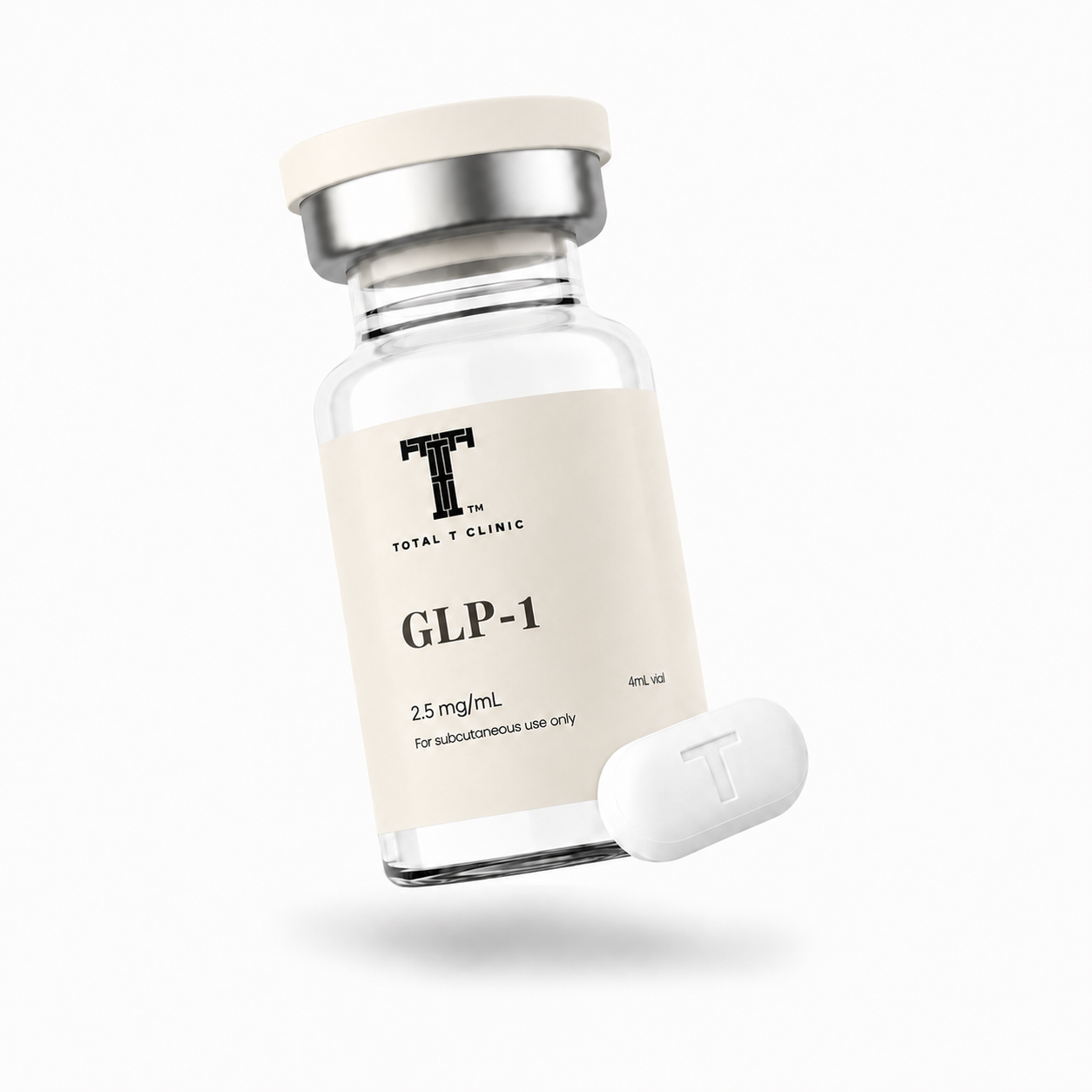 A vial labeled GLP-1 medication with a pill featuring the letter 'T' next to it.