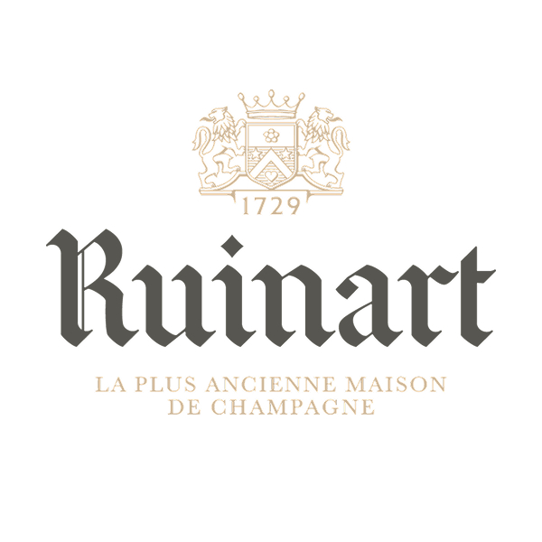 Ruinart logo with crest and the tagline "La plus ancienne maison de champagne" on a black background.