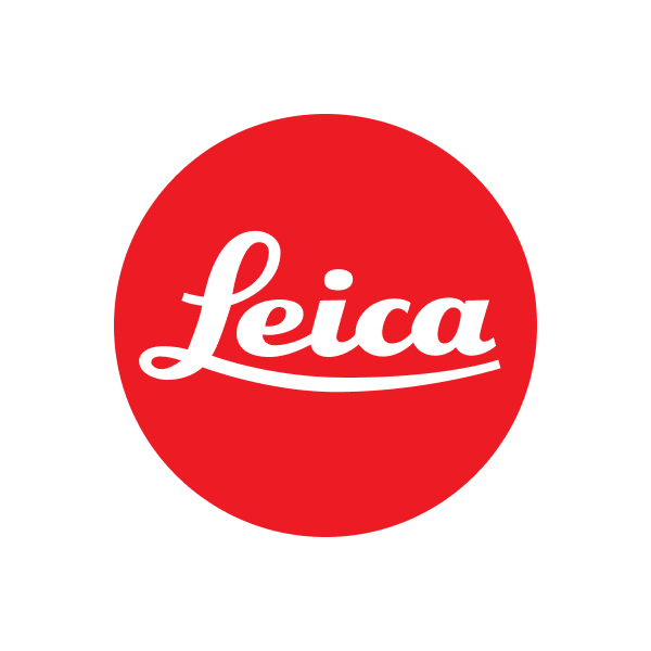 Leica logo with white script on a red circular background.
