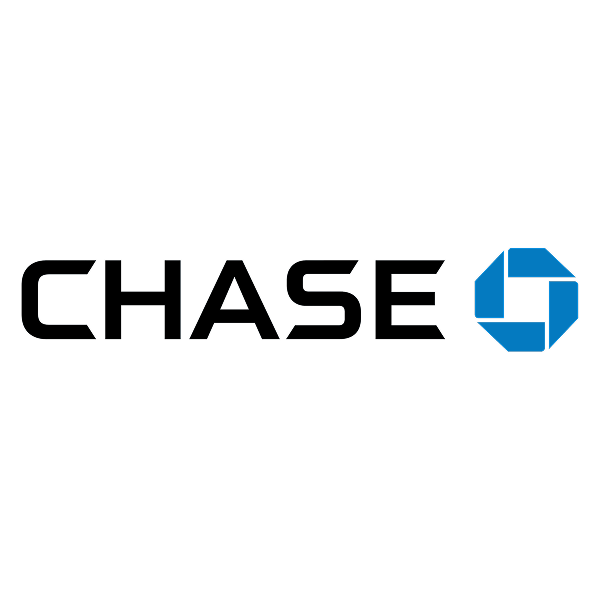 The Chase logo with stylized black text and a blue and white geometric emblem on a black background.